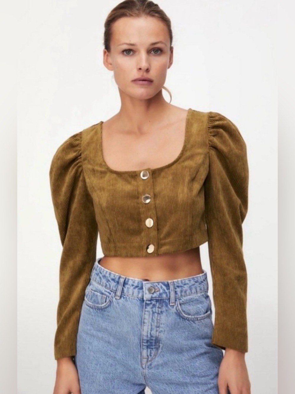 NWT ZARA Corduroy Camel Puffed Long Sleeve Crop Top - Small